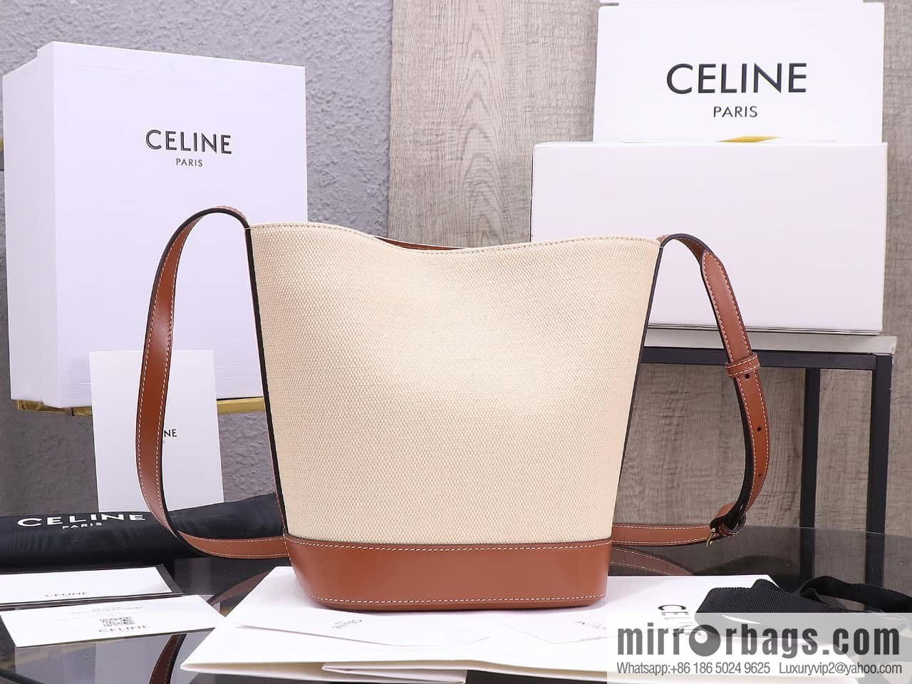 [Premium quality, all-steel hardware] 23s new product | CELINE CUIR TRIOMPHE small striped fabric leather bucket bag 23s new fabric series, number: 198243DU3.04LU