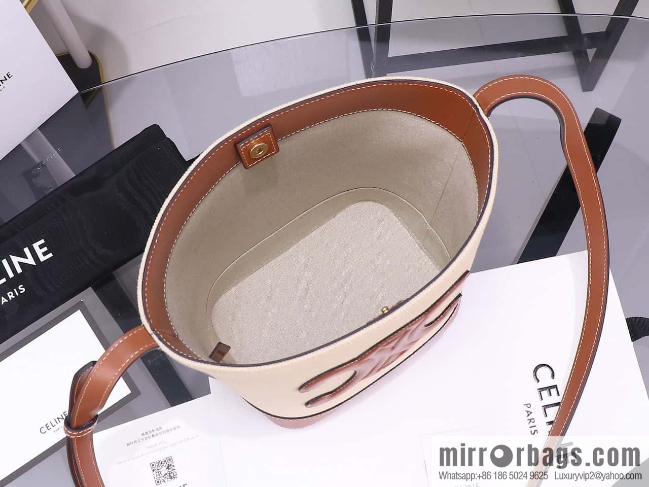 [Premium quality, all-steel hardware] 23s new product | CELINE CUIR TRIOMPHE small striped fabric leather bucket bag 23s new fabric series, number: 198243DU3.04LU