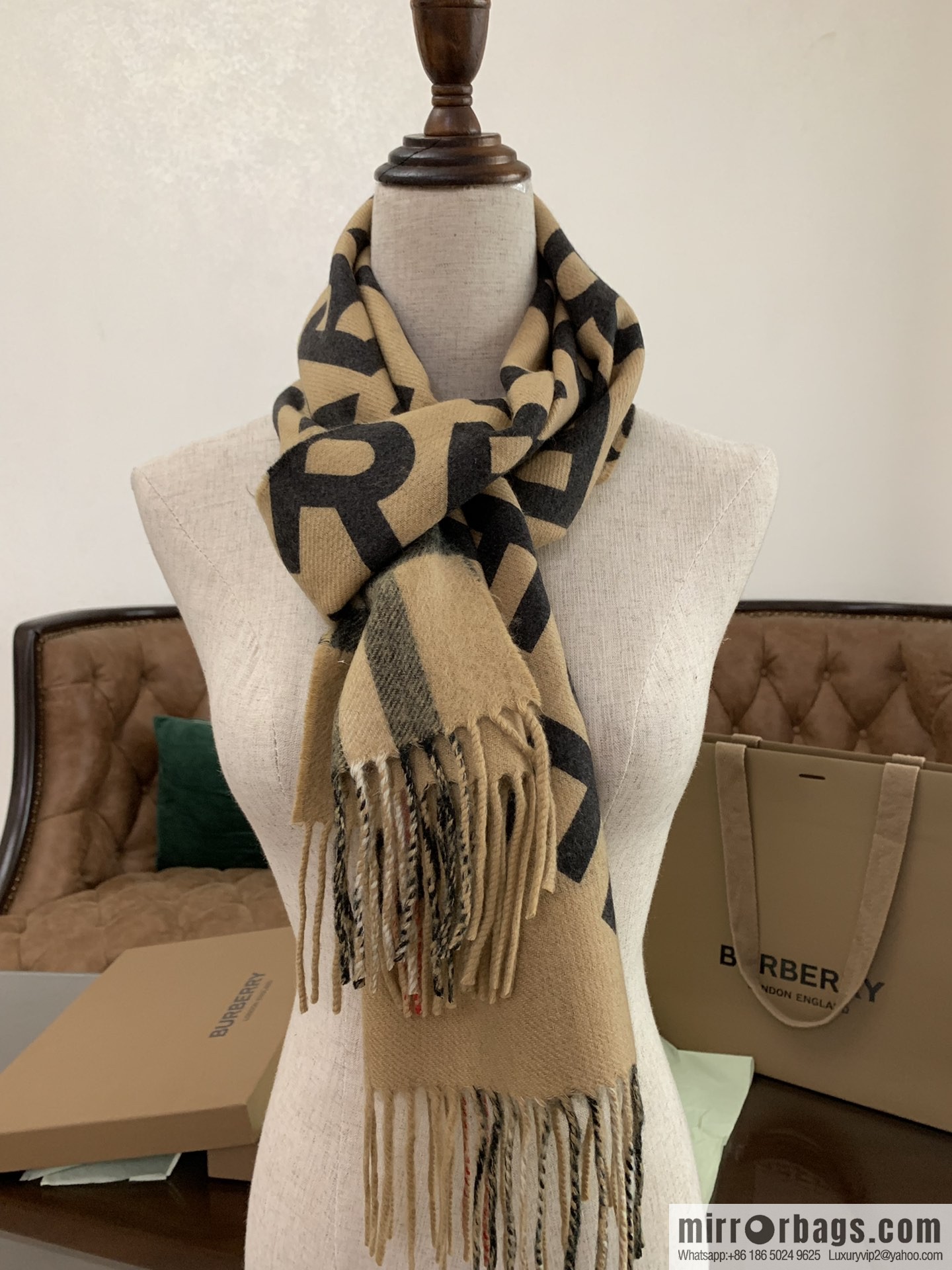 Burberry Double-Sided Letter Logo Checked Cashmere Scarf