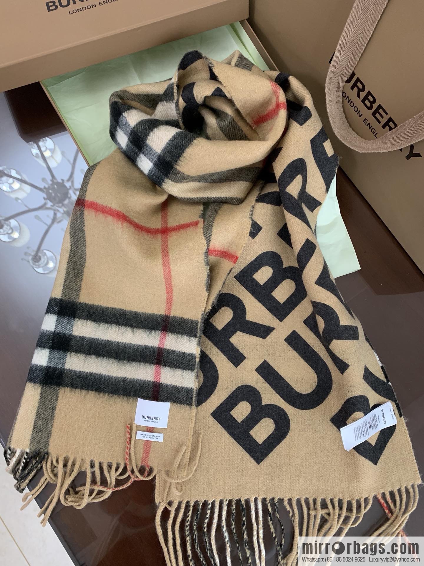 Burberry Double-Sided Letter Logo Checked Cashmere Scarf