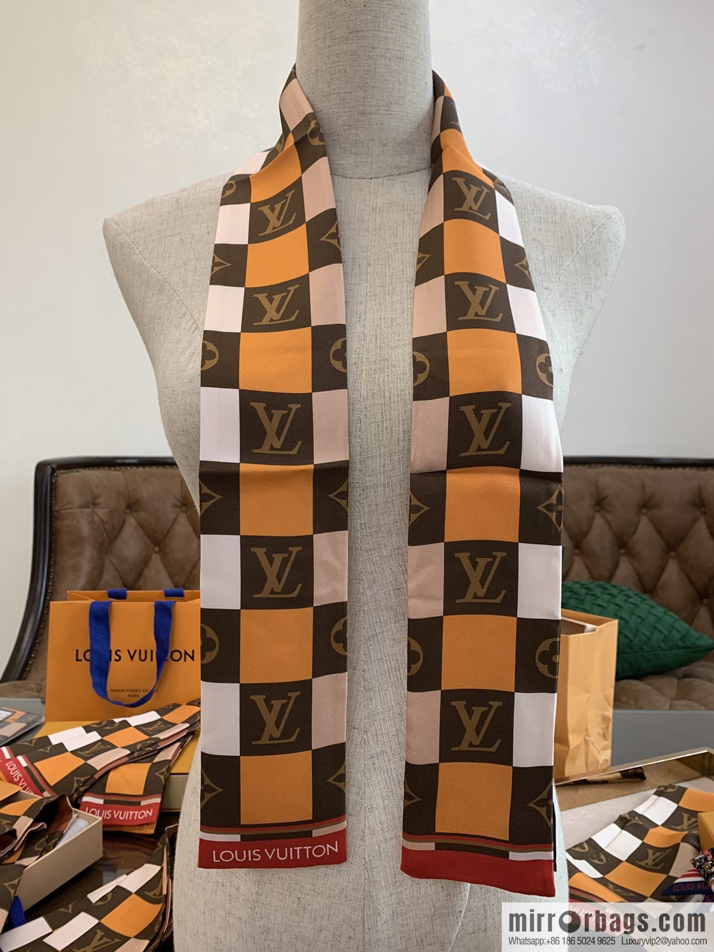 LV Louis Vuitton MONOGRAM CHECK BANDEAU New Twilly Ribbon M68647