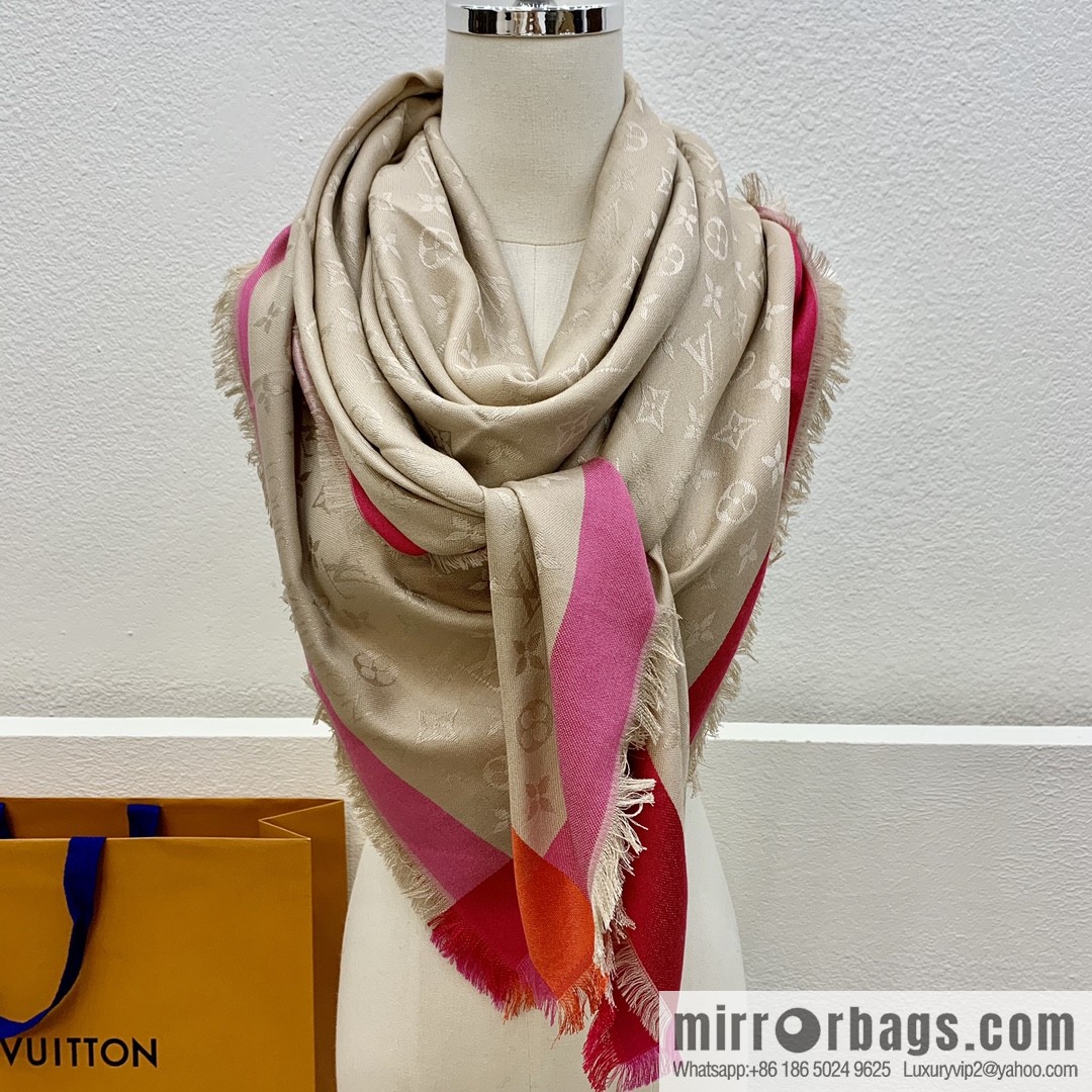 LV Louis Vuitton On The Edge Monogram Wool Mulberry Silk Blended Shawl M76371 M76465 M76372
