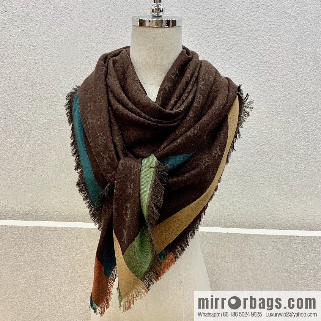LV Louis Vuitton On The Edge Monogram Wool Mulberry Silk Blended Shawl M76371 M76465 M76372