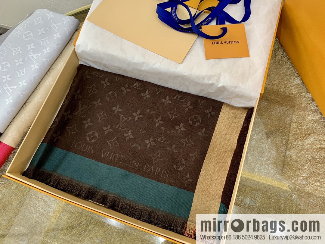 LV Louis Vuitton On The Edge Monogram Wool Mulberry Silk Blended Shawl M76371 M76465 M76372