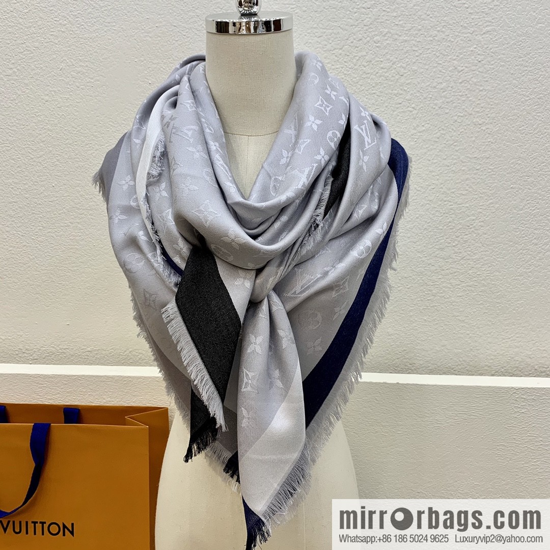 LV Louis Vuitton On The Edge Monogram Wool Mulberry Silk Blended Shawl M76371 M76465 M76372