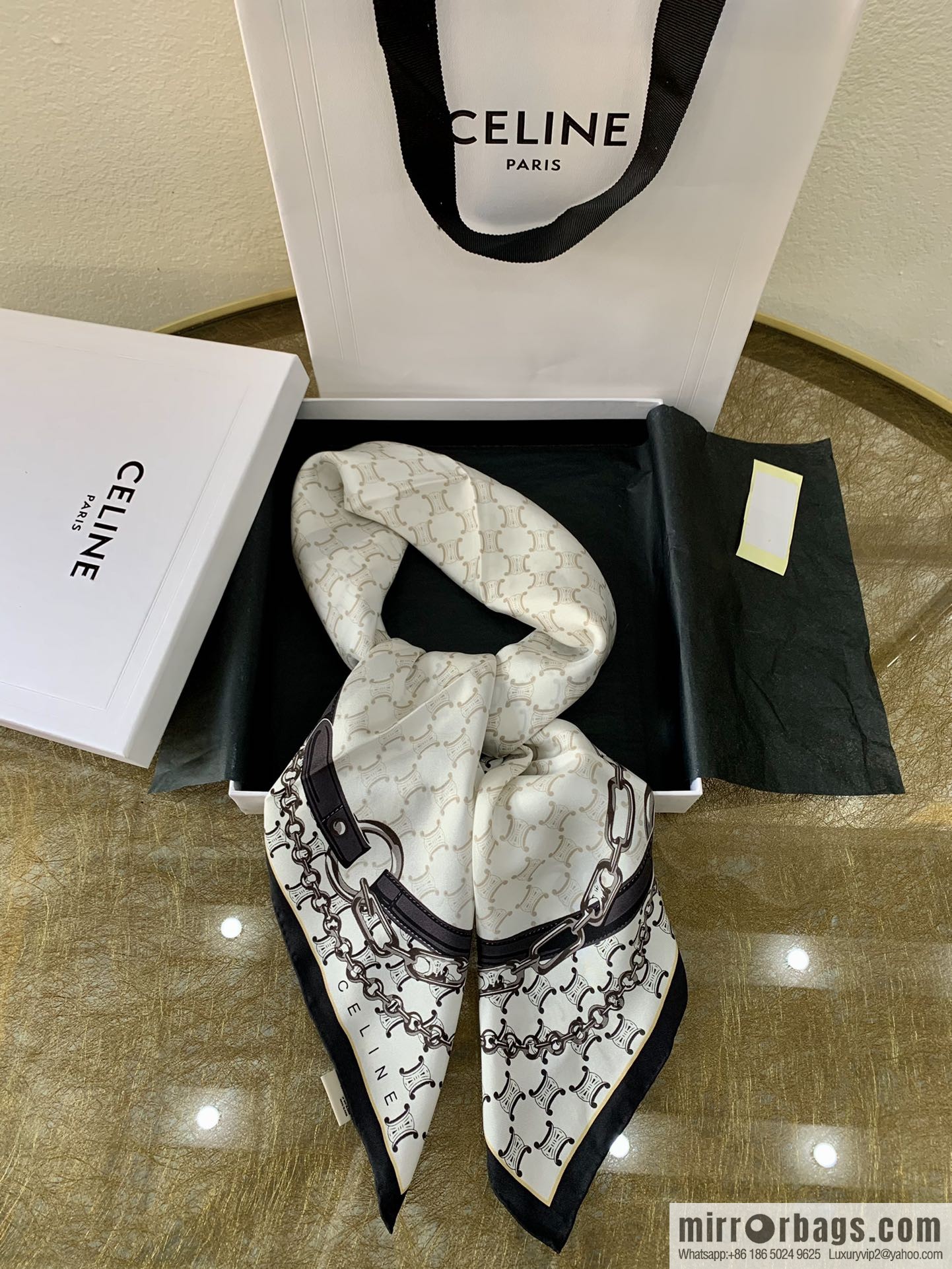 CELINE Celine Arc de Triomphe logo 100 silk square scarf