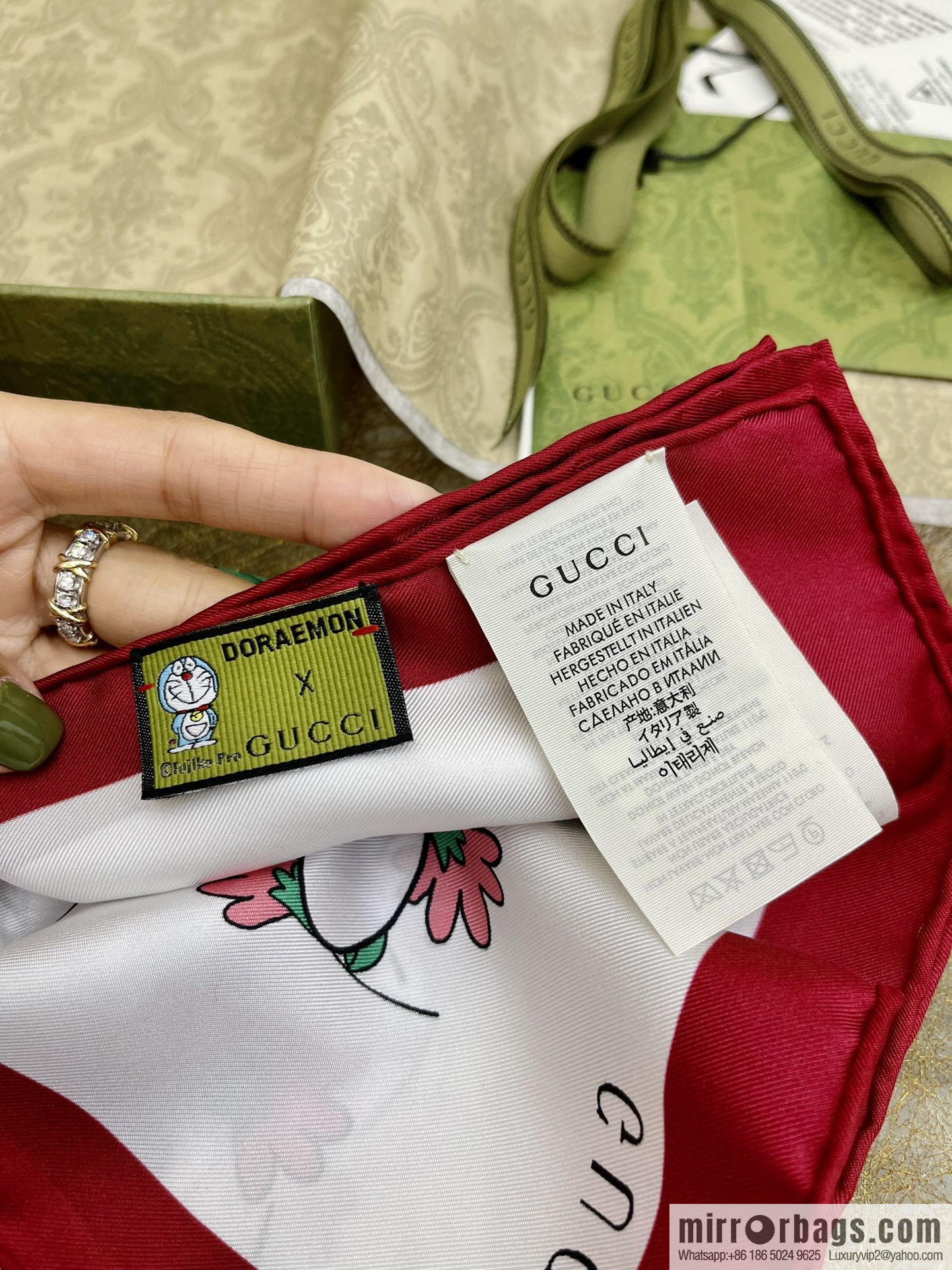 GUCCIxDoraemon joint 100% silk square scarf