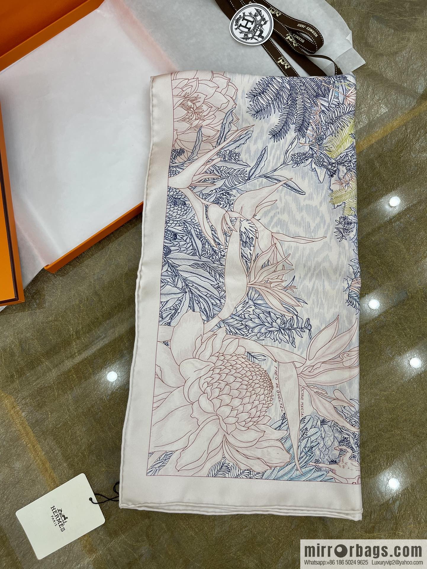 Hermes 100% silk handmade hemmed scarf