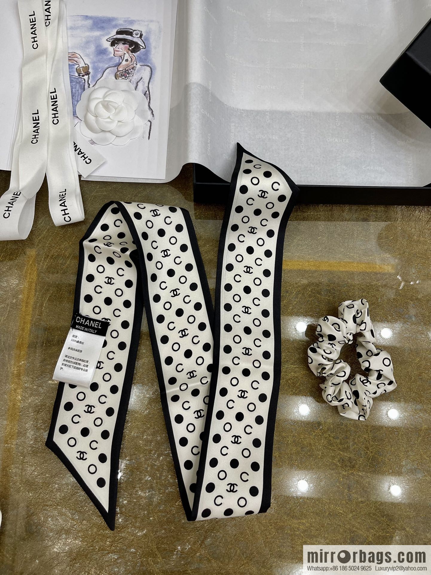Chanel Polka Dots Two-piece Accessories 100% Silk Ribbon aa7533