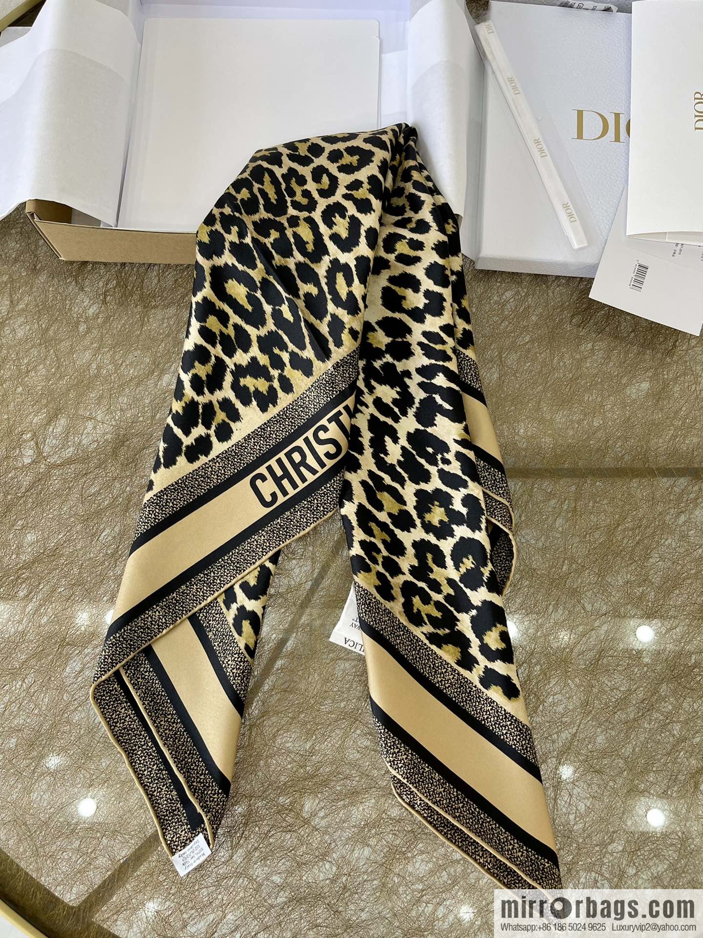 Dior grey leopard print 100% silk scarf