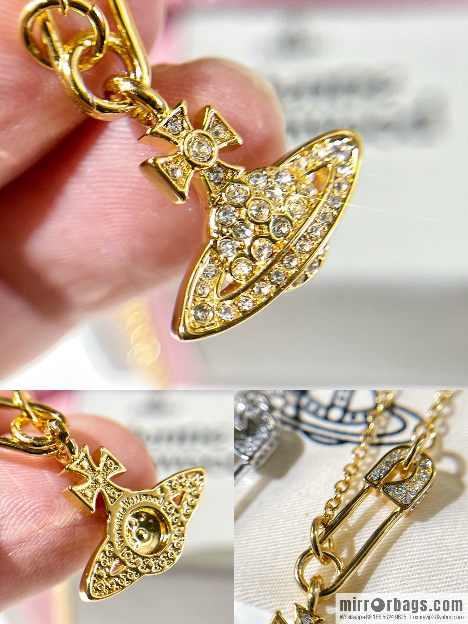 New ☑️ Vivienne Westwood Queen Mother pins full of diamonds Saturn necklace