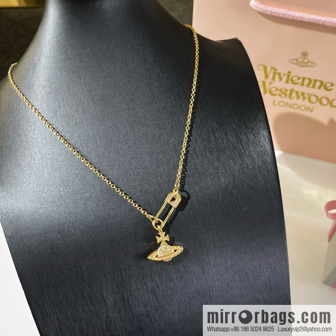 New ☑️ Vivienne Westwood Queen Mother pins full of diamonds Saturn necklace