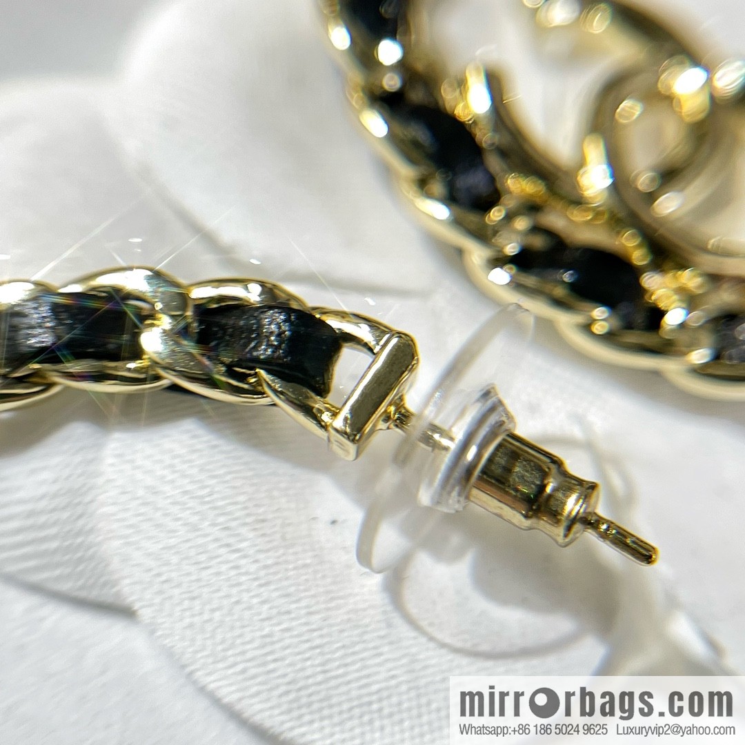 New ☑️ Chanel double c black leather rope stud earrings