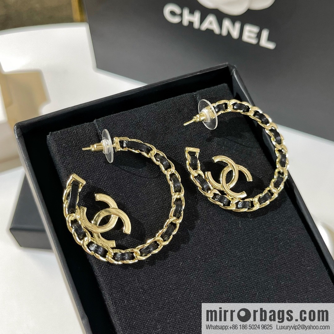 New ☑️ Chanel double c black leather rope stud earrings