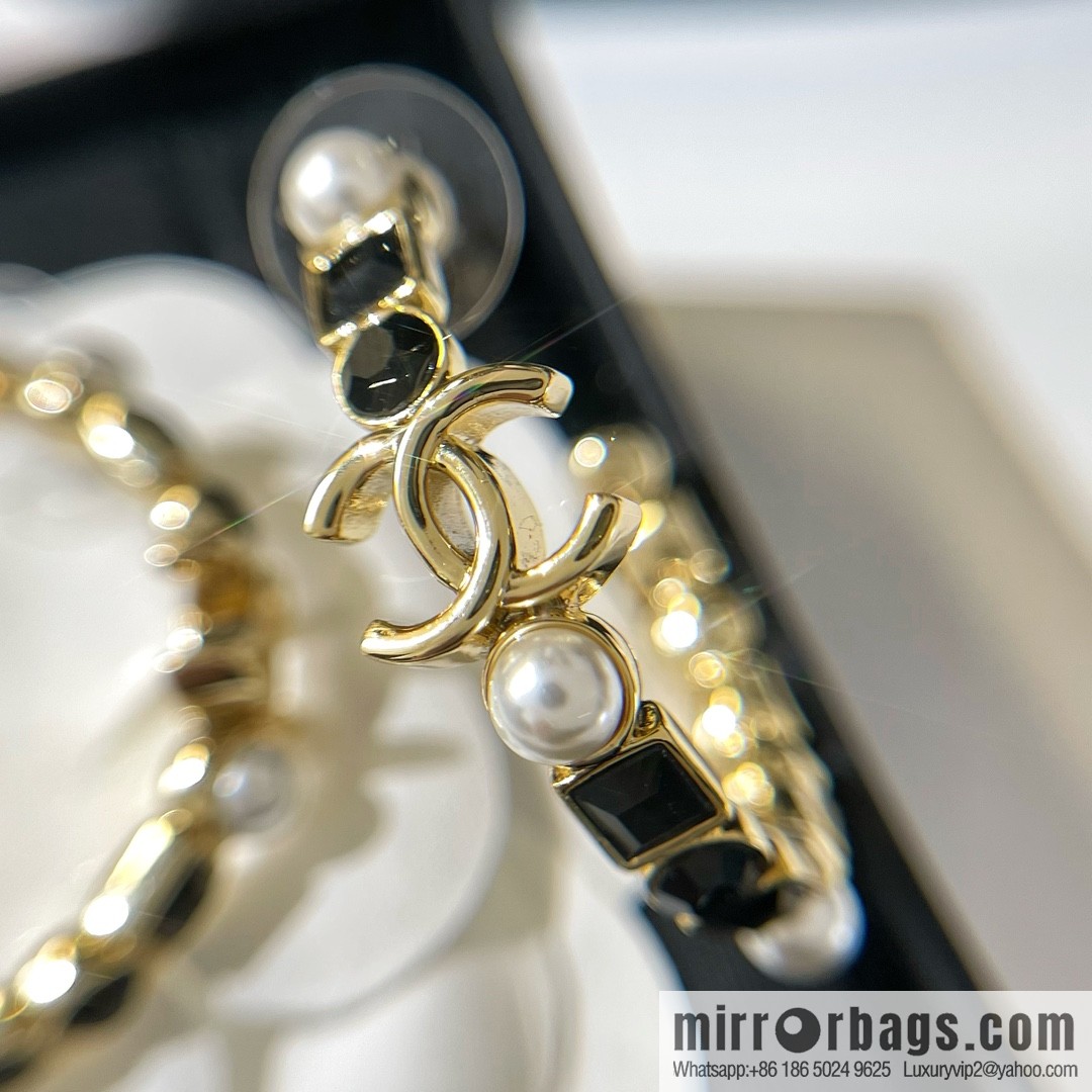 New ☑️ Chanel double c black square diamond pearl stud earrings