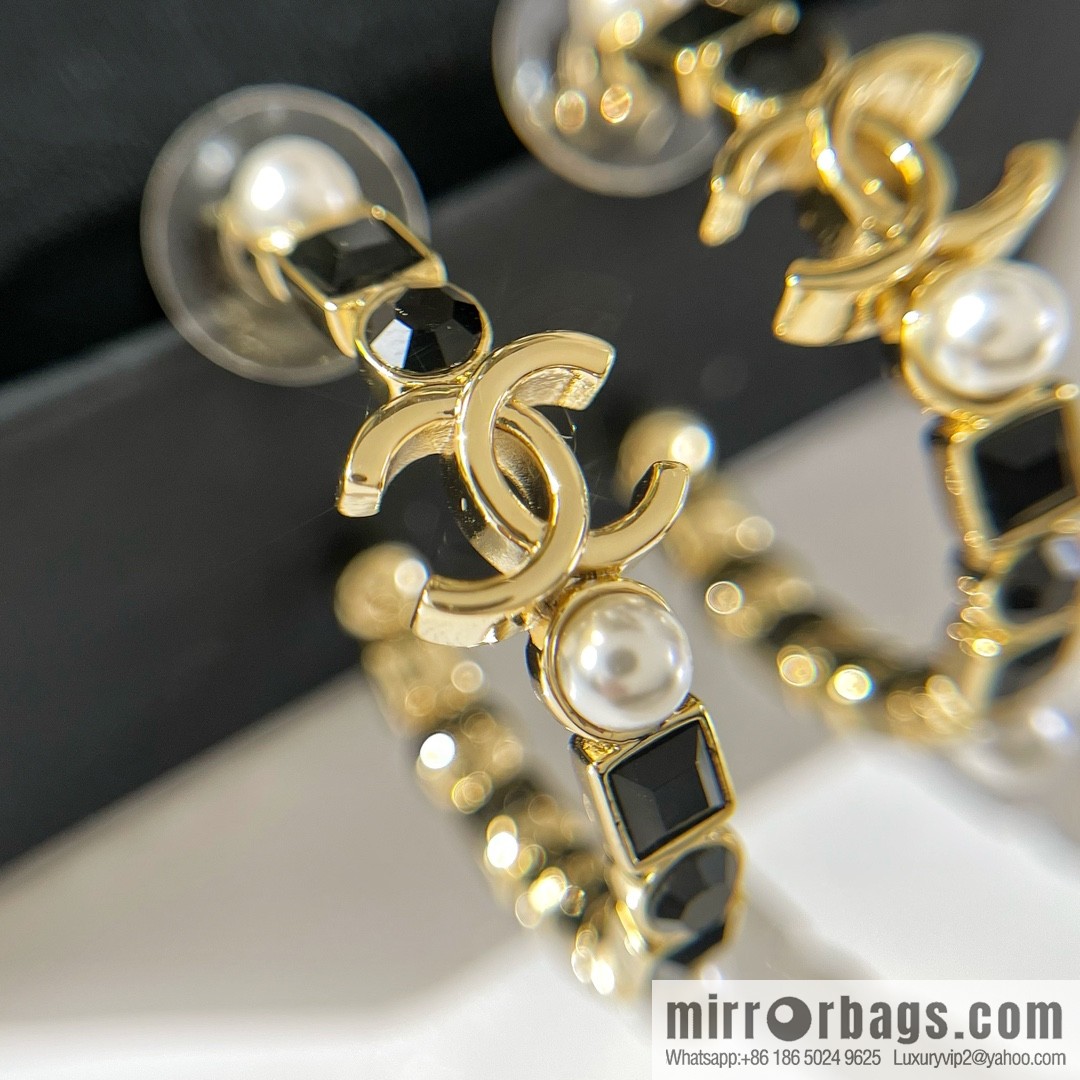 New ☑️ Chanel double c black square diamond pearl stud earrings
