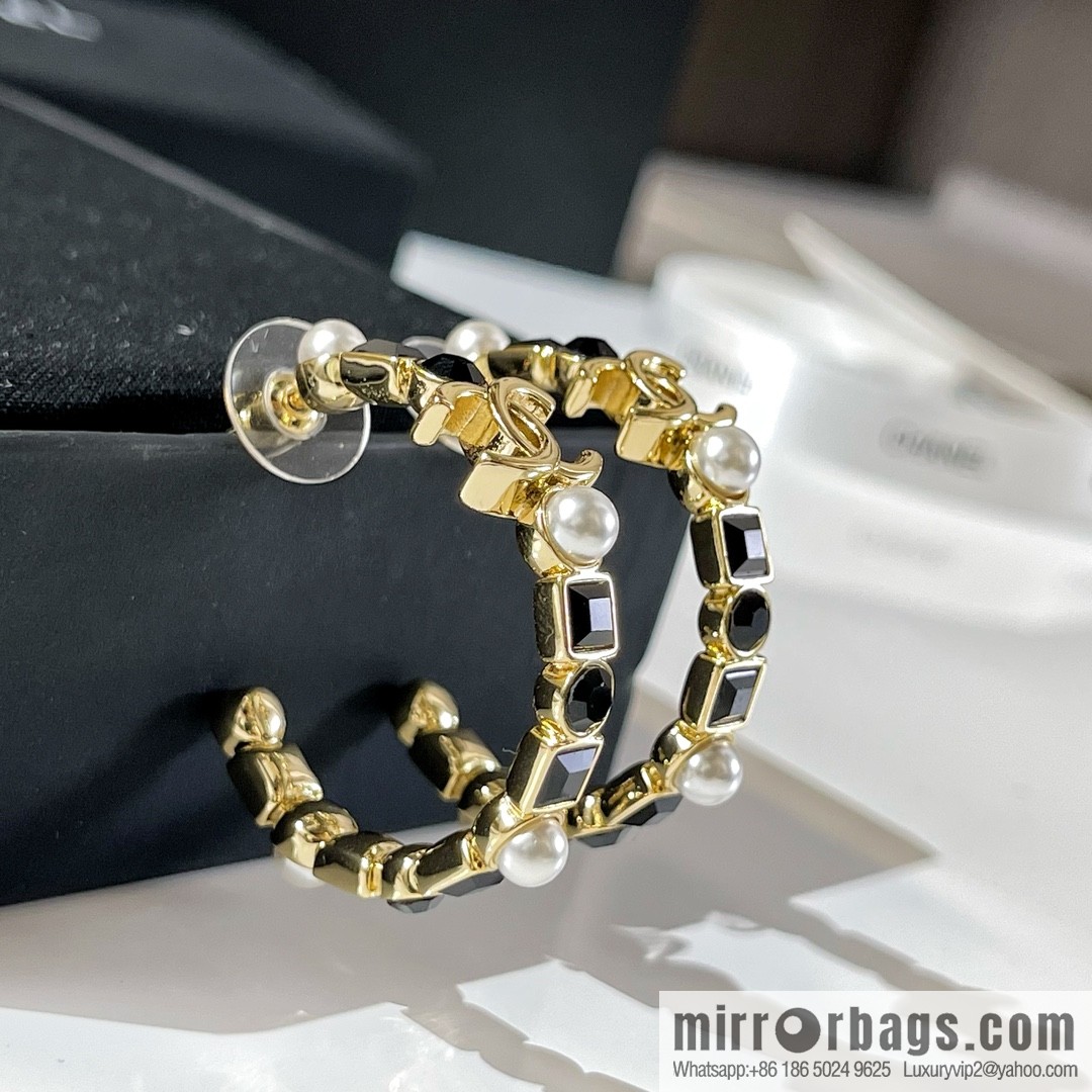 New ☑️ Chanel double c black square diamond pearl stud earrings