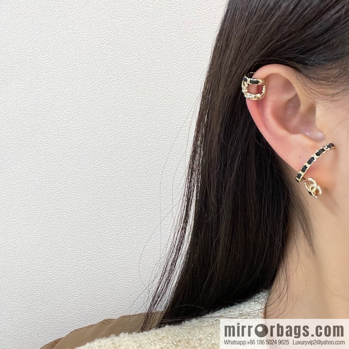 New ☑️ Chanel black leather rope double c asymmetrical stud earrings clip