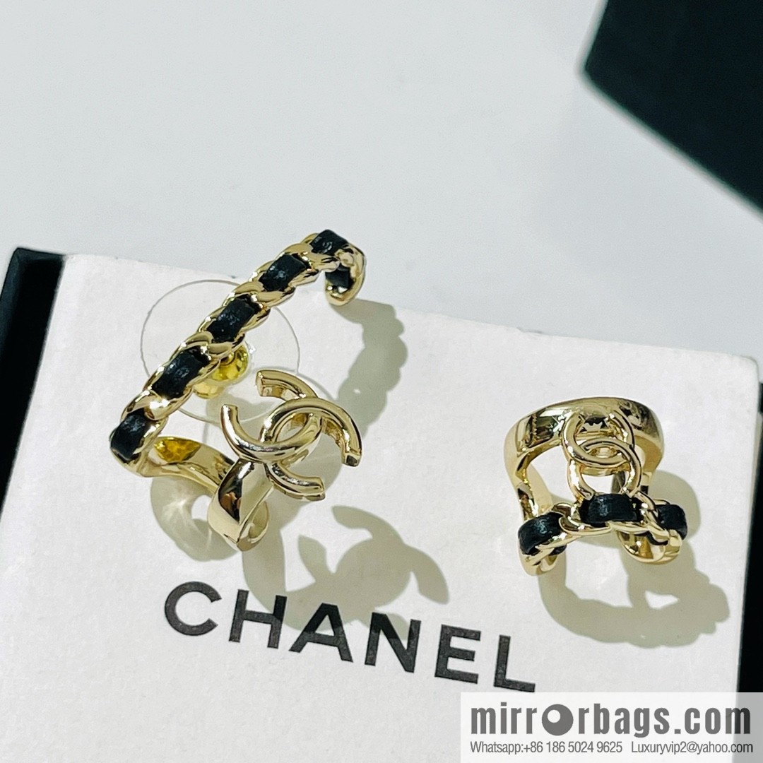 New ☑️ Chanel black leather rope double c asymmetrical stud earrings clip