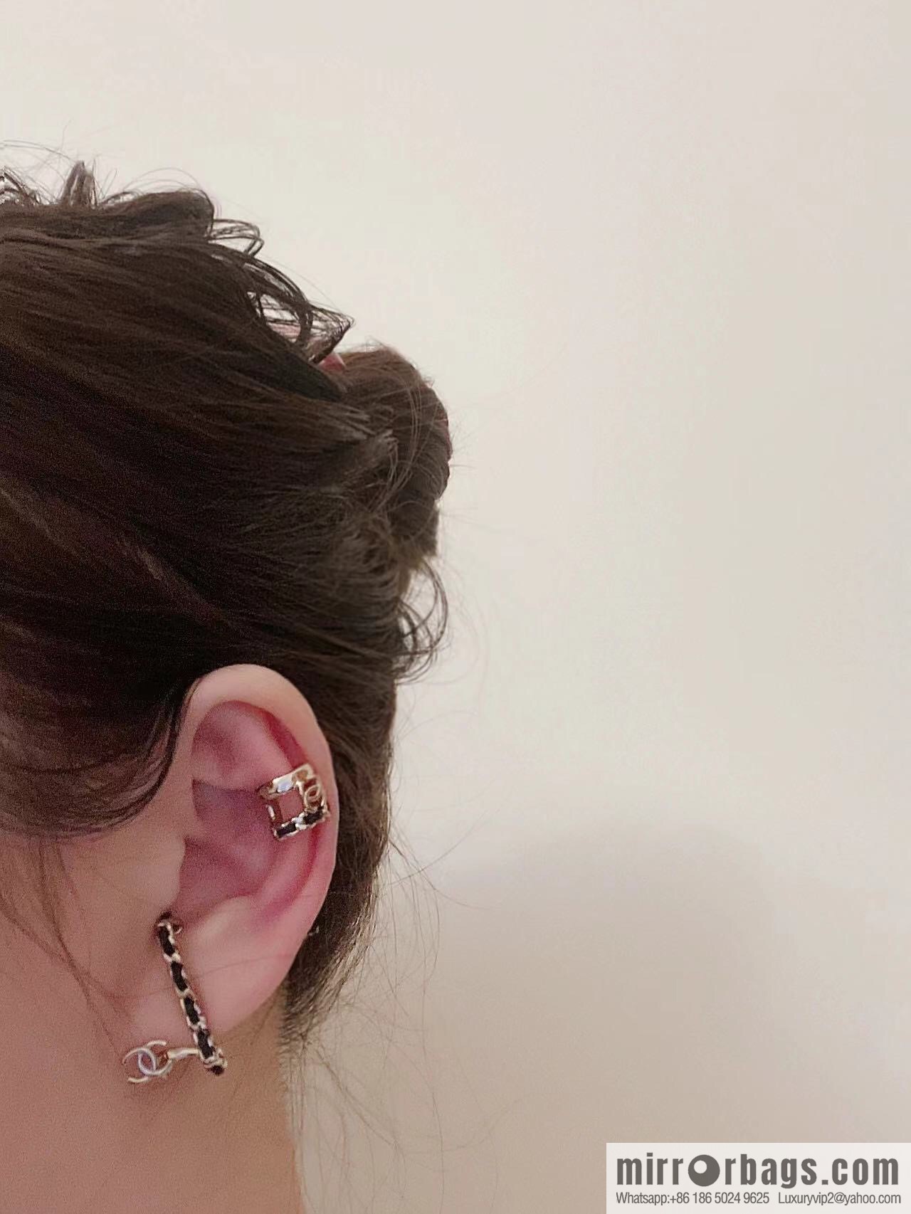 New ☑️ Chanel black leather rope double c asymmetrical stud earrings clip