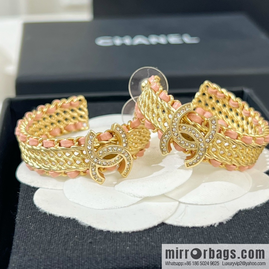 New ☑️ Chanel double c pink black leather rope stud earrings