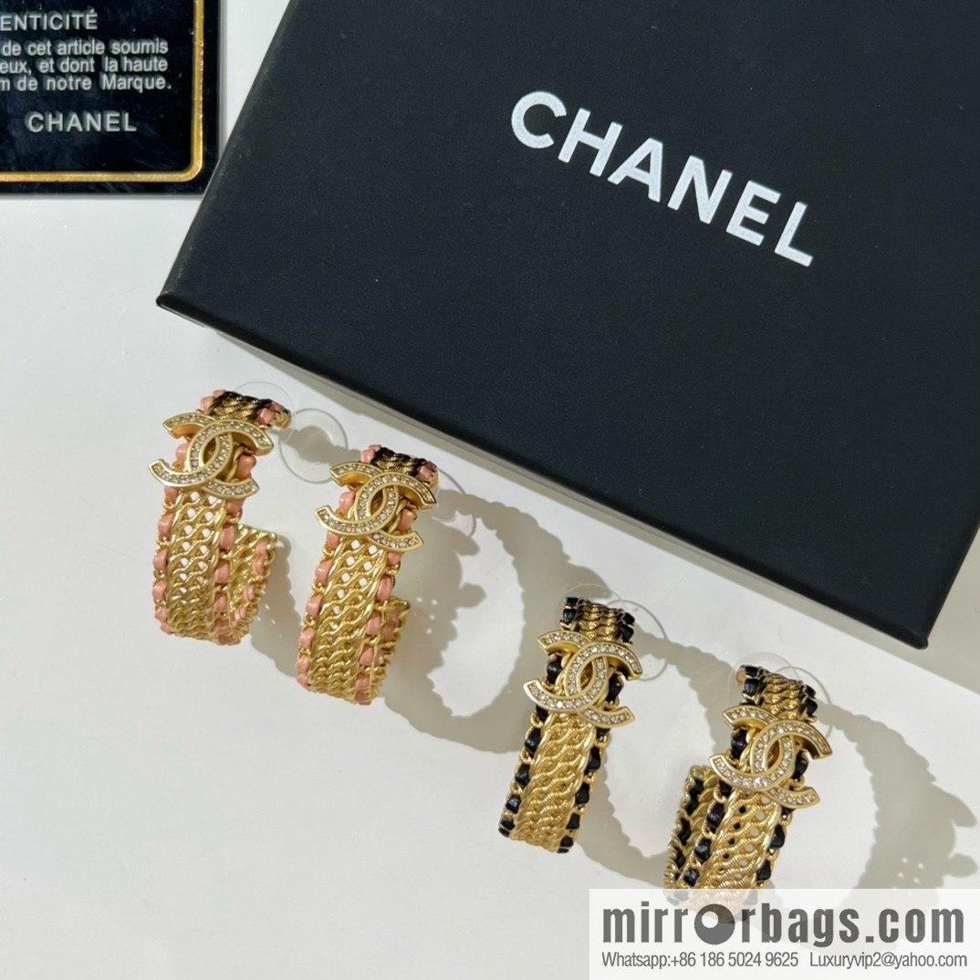 New ☑️ Chanel double c pink black leather rope stud earrings