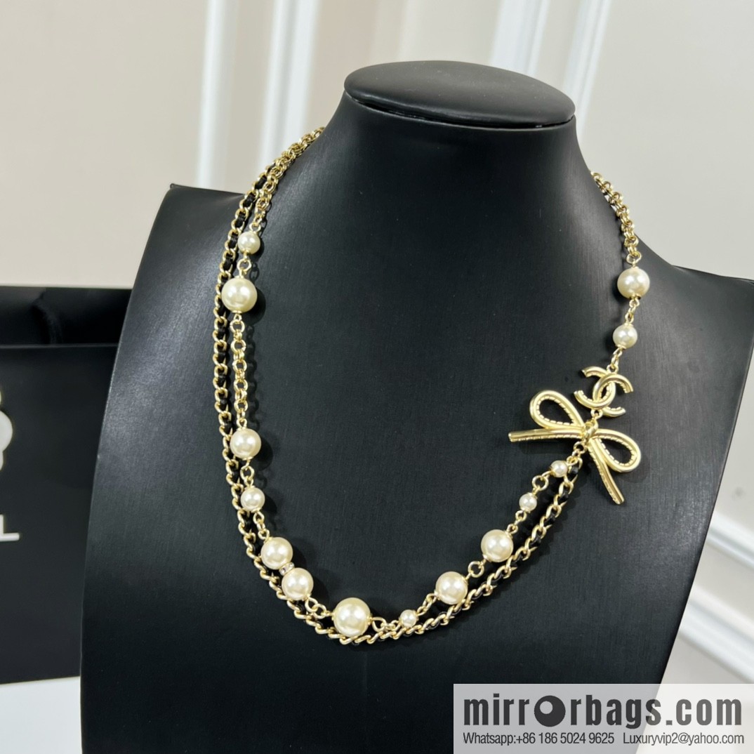 New ☑️ Chanel bow black leather rope pearl necklace necklace necklace
