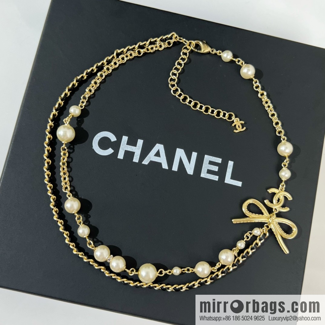 New ☑️ Chanel bow black leather rope pearl necklace necklace necklace