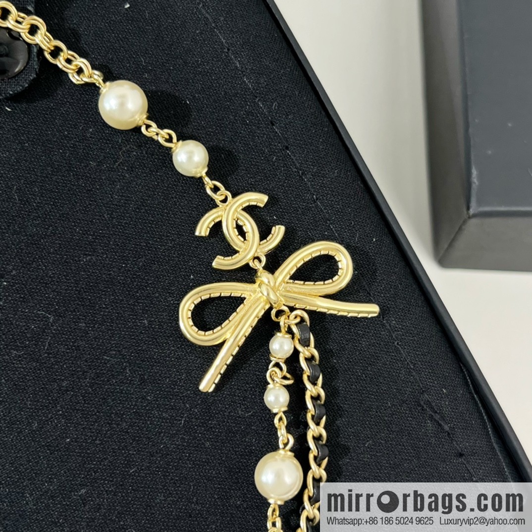 New ☑️ Chanel bow black leather rope pearl necklace necklace necklace