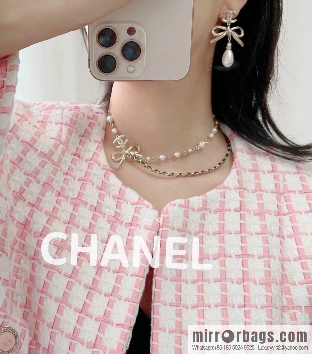 New ☑️ Chanel bow black leather rope pearl necklace necklace necklace