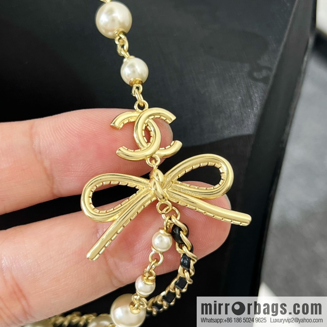 New ☑️ Chanel bow black leather rope pearl necklace necklace necklace