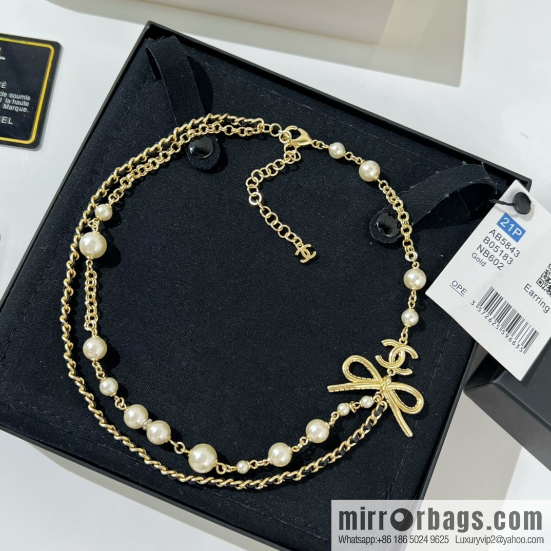 New ☑️ Chanel bow black leather rope pearl necklace necklace necklace