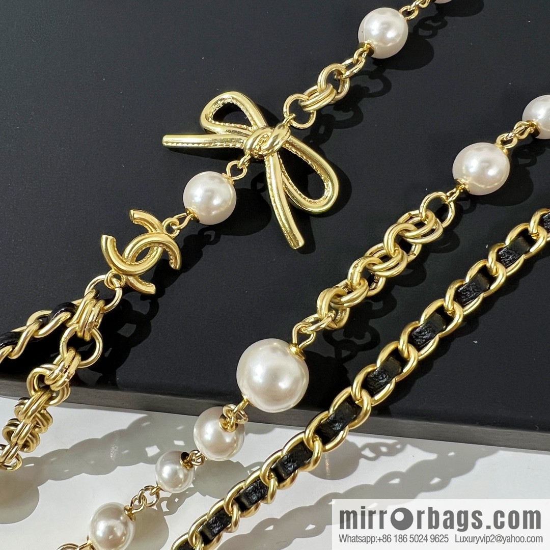 New ☑️ Chanel double c black leather rope bow sweater chain necklace