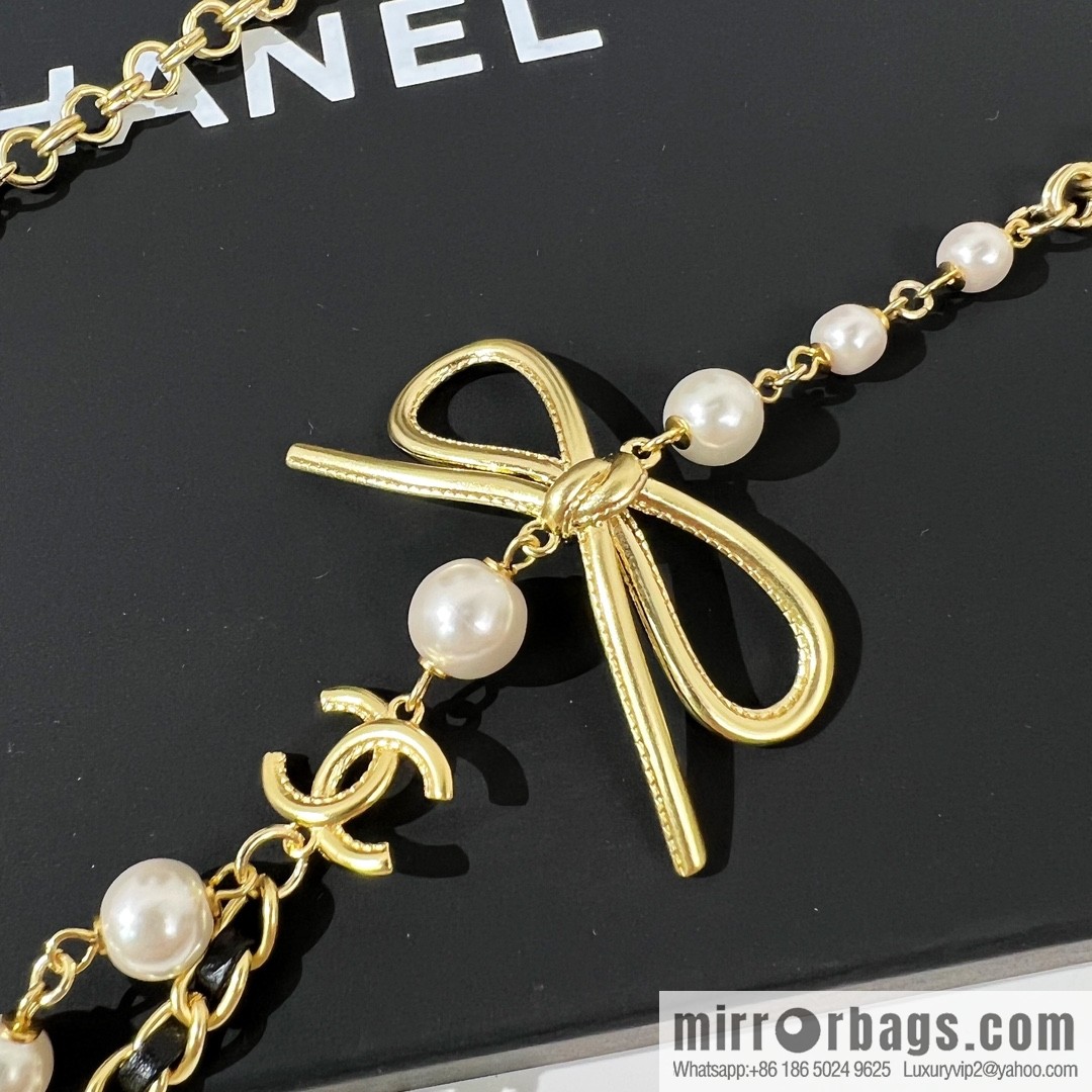 New ☑️ Chanel double c black leather rope bow sweater chain necklace