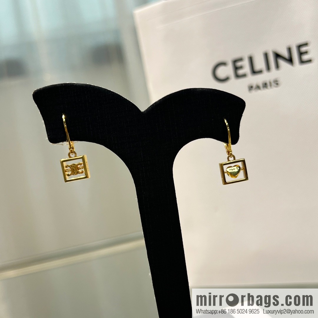 New Celine gold Arc de Triomphe peach heart stud earrings