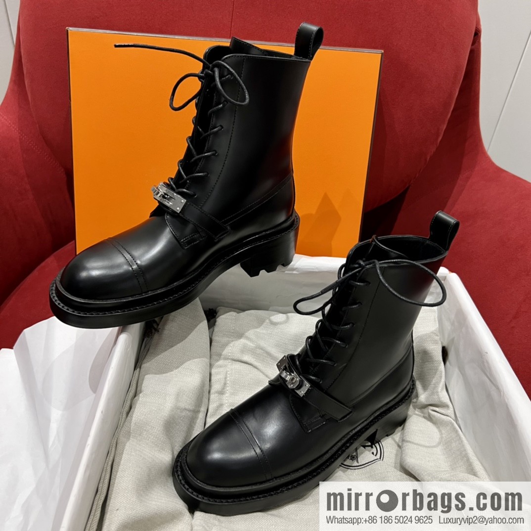Hermes Hermès Glossy Calfskin Platform and Ankle Boots Martin Boots