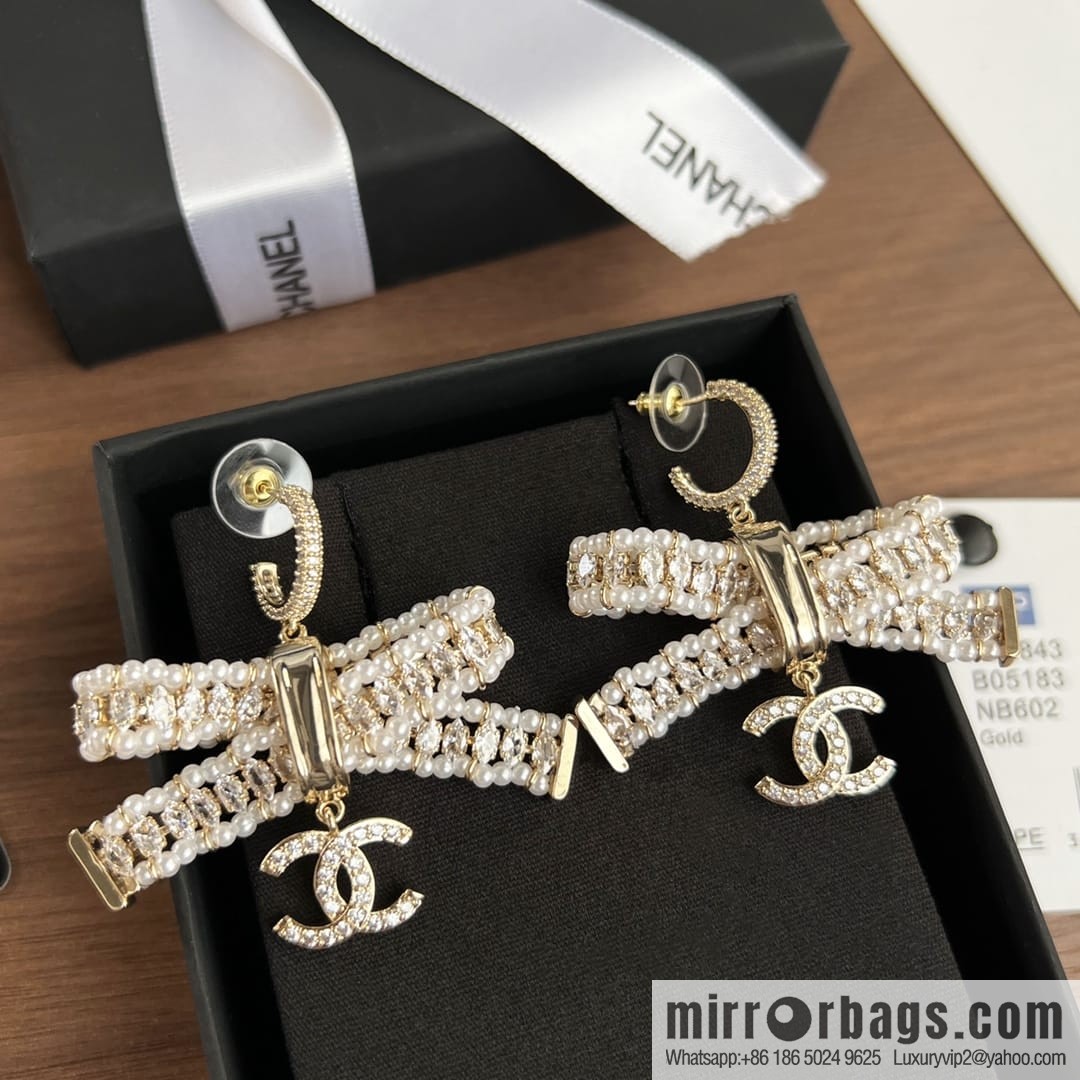 New ☑️ Chanel c3 double c bow pearl stud earrings