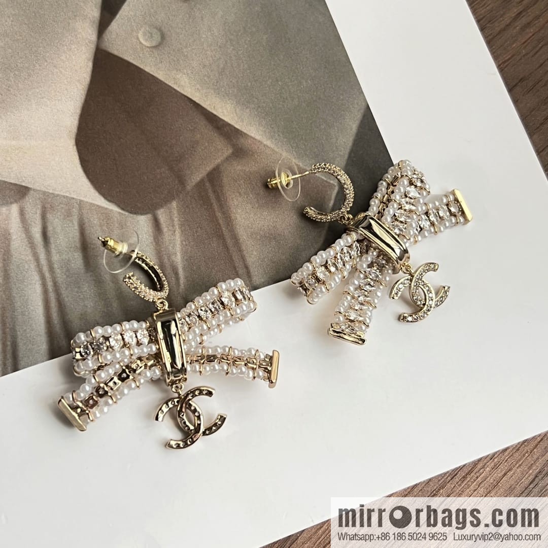New ☑️ Chanel c3 double c bow pearl stud earrings