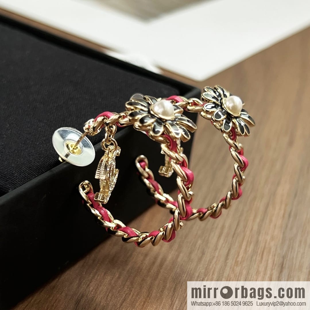 New ☑️ Chanel double c semi-round red leather rope stud earrings