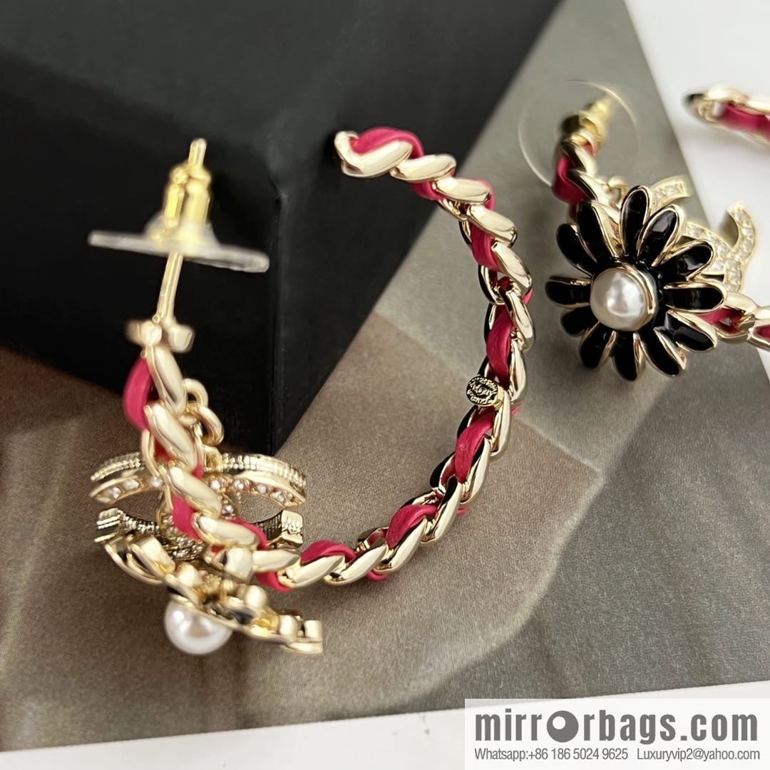 New ☑️ Chanel double c semi-round red leather rope stud earrings