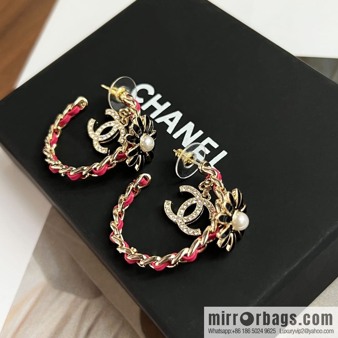 New ☑️ Chanel double c semi-round red leather rope stud earrings