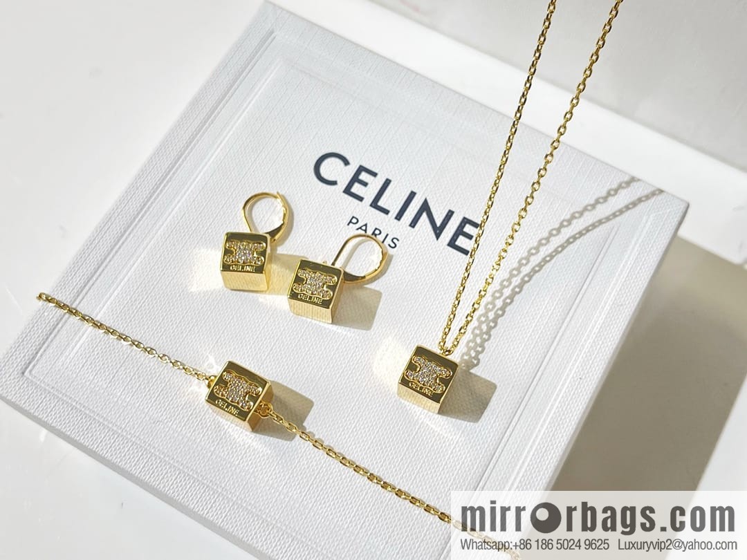 Celine gold crystal cube necklace bracelet stud earrings