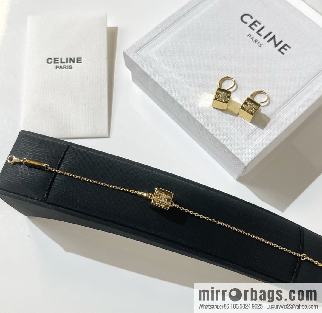 Celine gold crystal cube necklace bracelet stud earrings