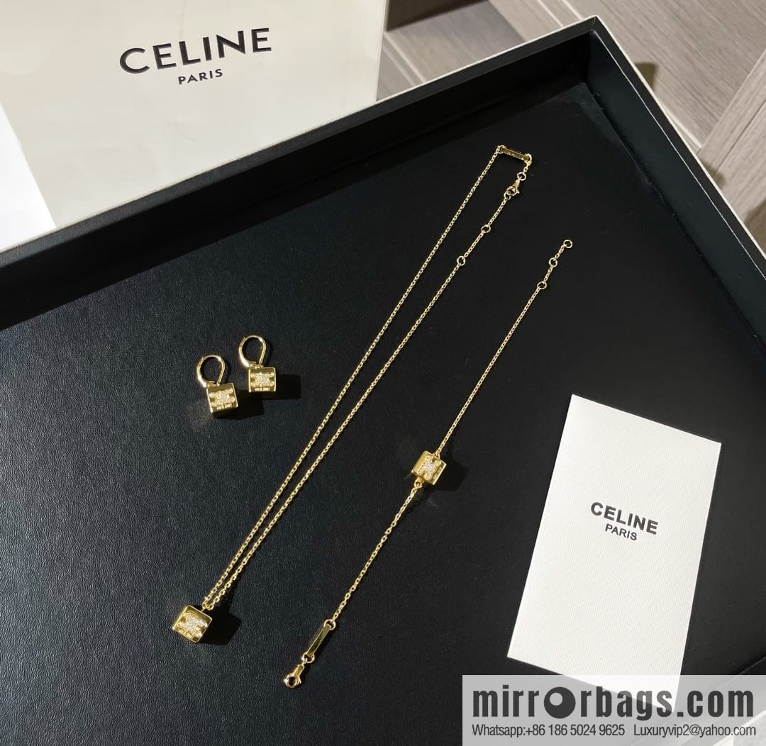 Celine gold crystal cube necklace bracelet stud earrings