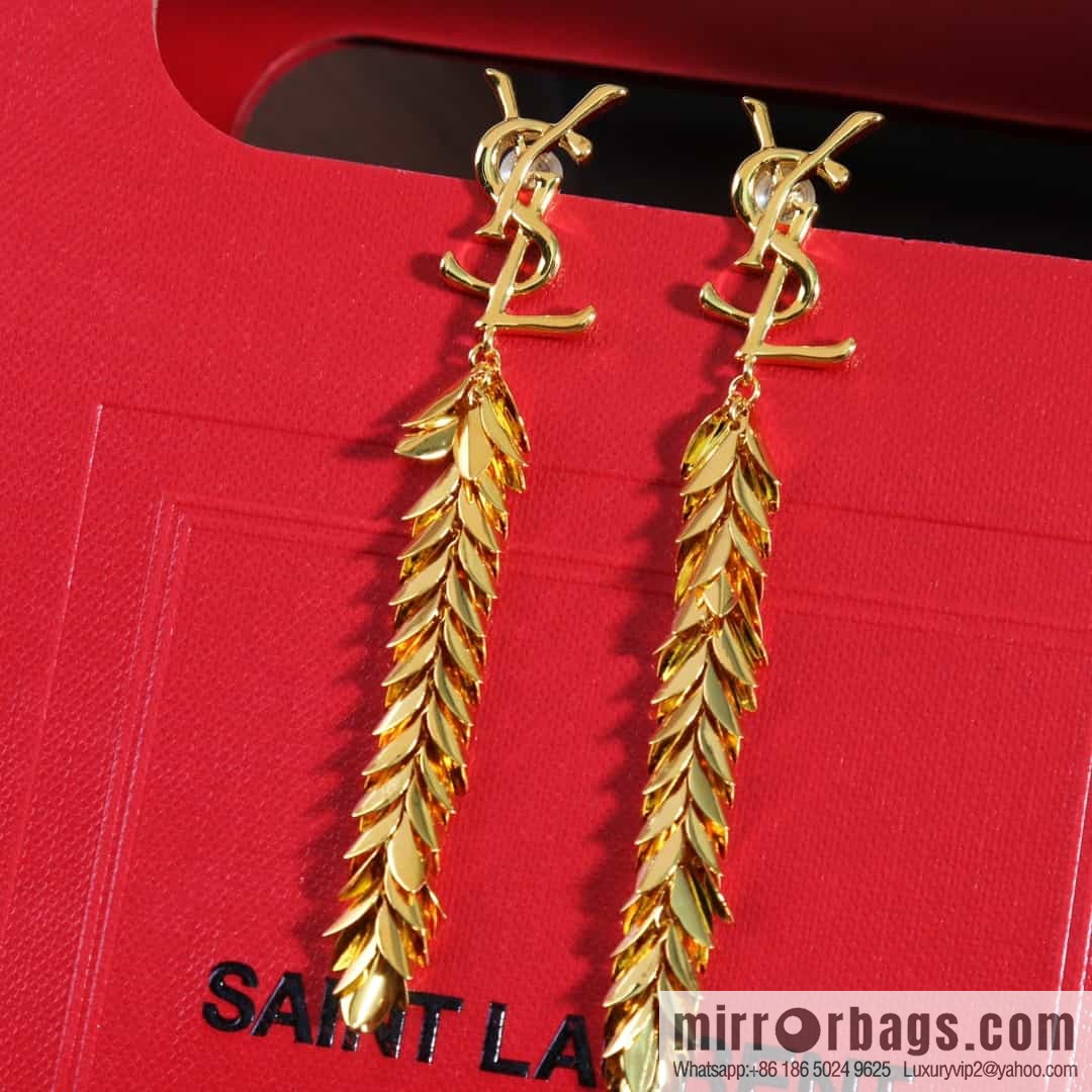 Saint Laurent YSL gold fringed leaf stud earrings