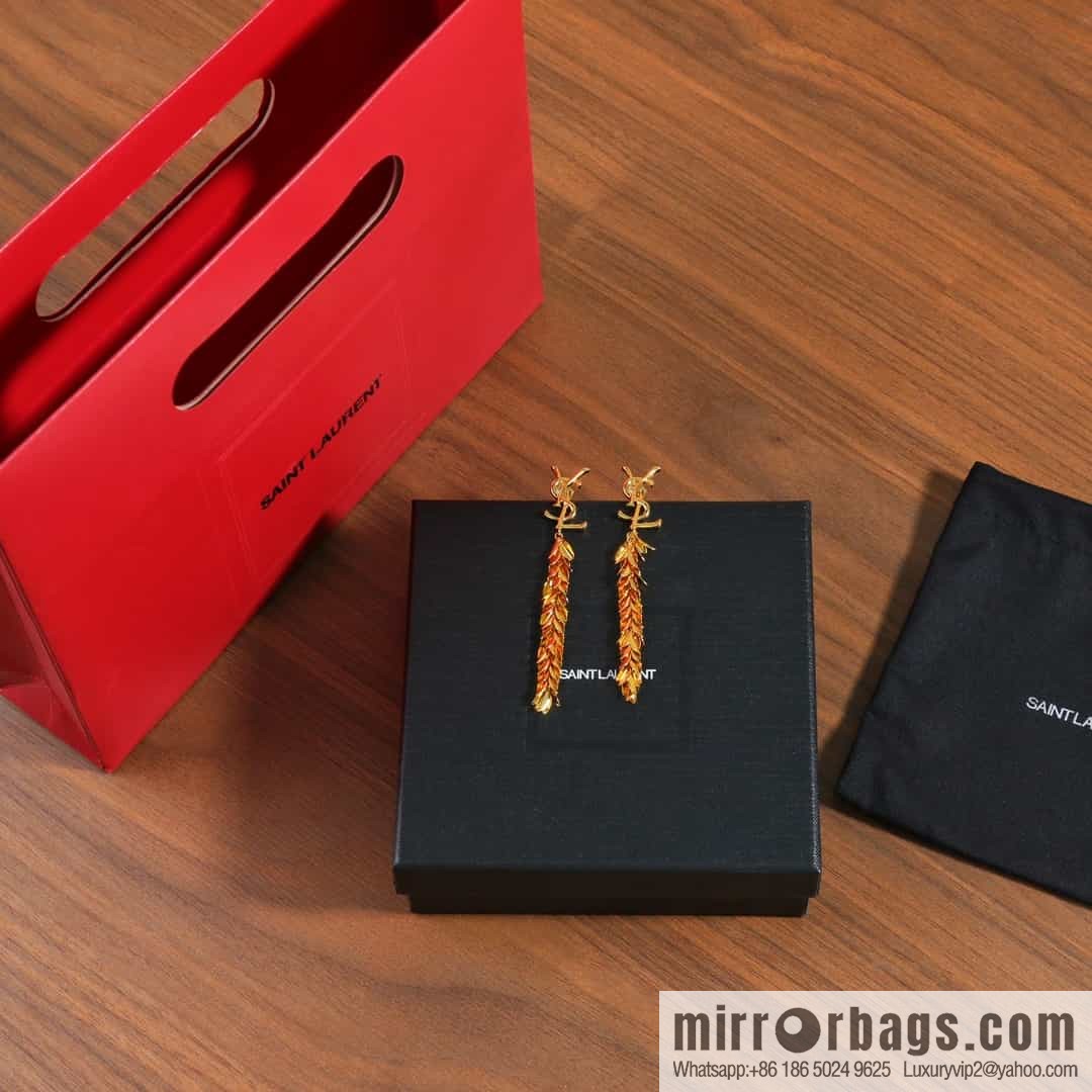 Saint Laurent YSL gold fringed leaf stud earrings