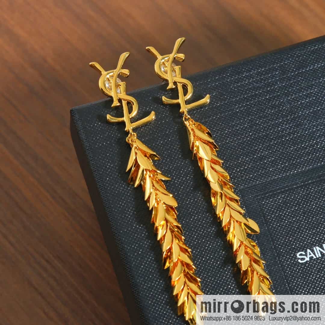 Saint Laurent YSL gold fringed leaf stud earrings