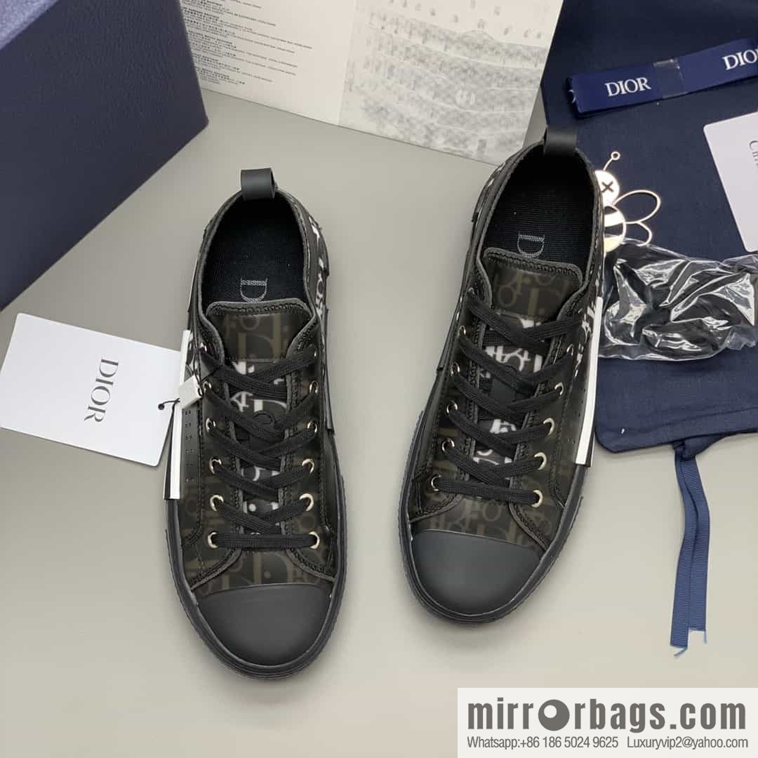 Dior Unisex low-top shoes with clear mesh fabric inserts and grey Oblique printed canvas