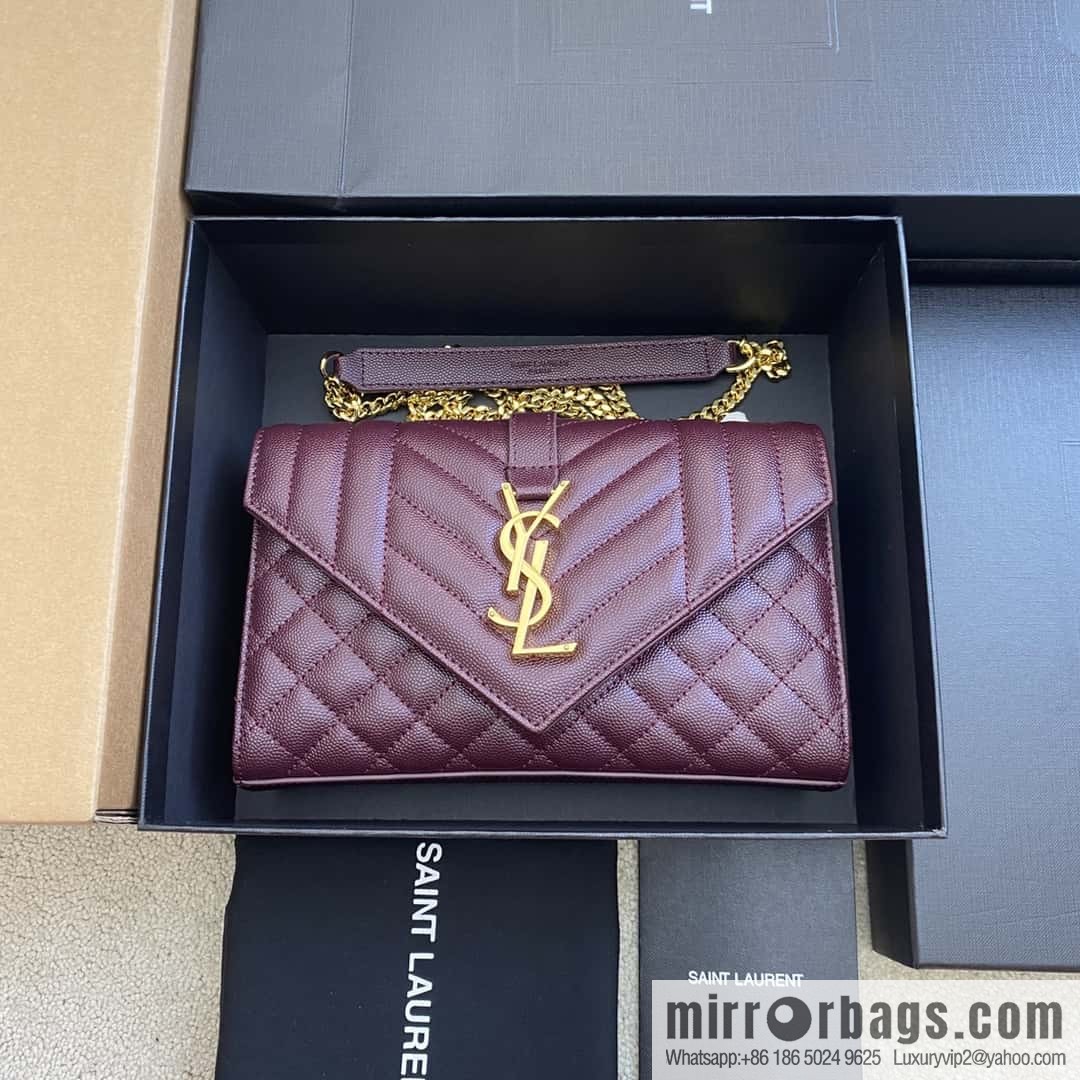 YSL new 𝑬𝒏𝒗𝒆𝒍𝒐𝒑𝒆# small 21CM original grain embossed quilted pattern leather envelope bag wine model: 600915 red ball pattern/gold buckle