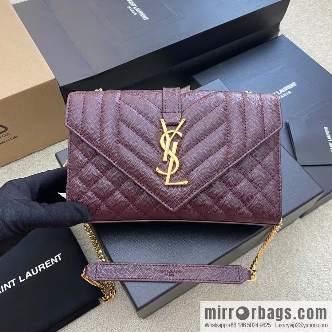 YSL new 𝑬𝒏𝒗𝒆𝒍𝒐𝒑𝒆# small 21CM original grain embossed quilted pattern leather envelope bag wine model: 600915 red ball pattern/gold buckle